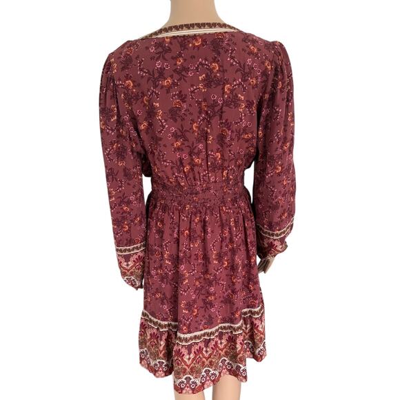 Lucky Brand Boho Floral Paisley Mini Dress M Cottage Western Peasant Smocked Red - Picture 4 of 8